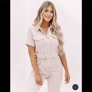 Beige Corduroy Belted Jumpsuit